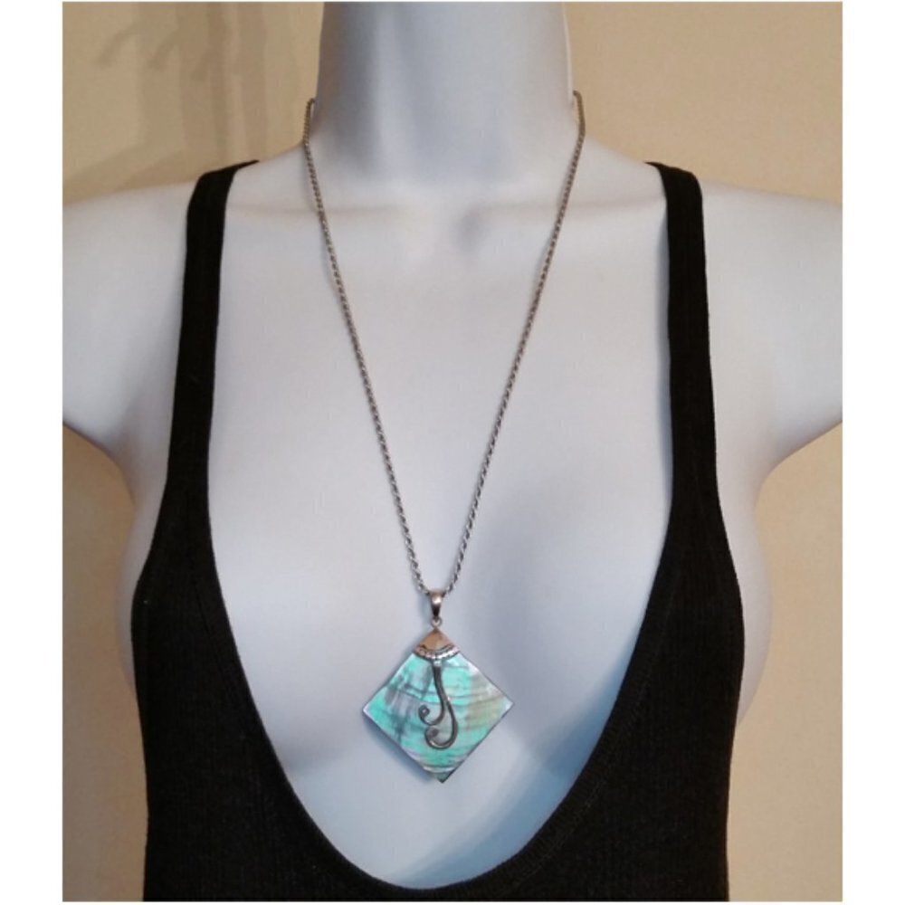 Sterling Silver 925 Modernist Abalone Pendant Milor Long Chain Necklace 925